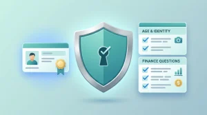 A neutral illustration of an identity check with a document icon, a shield, and a checklist