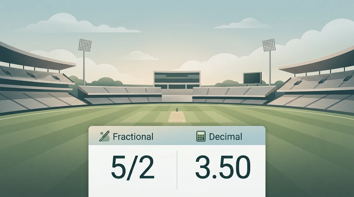 Cricket-themed infographic showing fractional and decimal odds side by side
