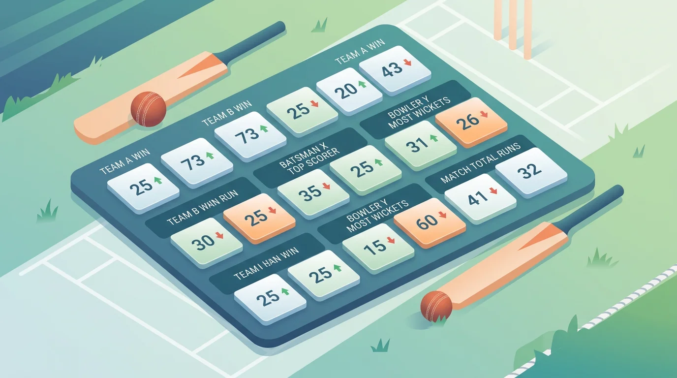 A clean cricket-themed odds board illustration showing prices moving up and down