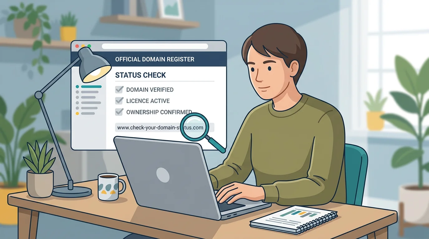 Illustration of checking an official register on a laptop with a checklist