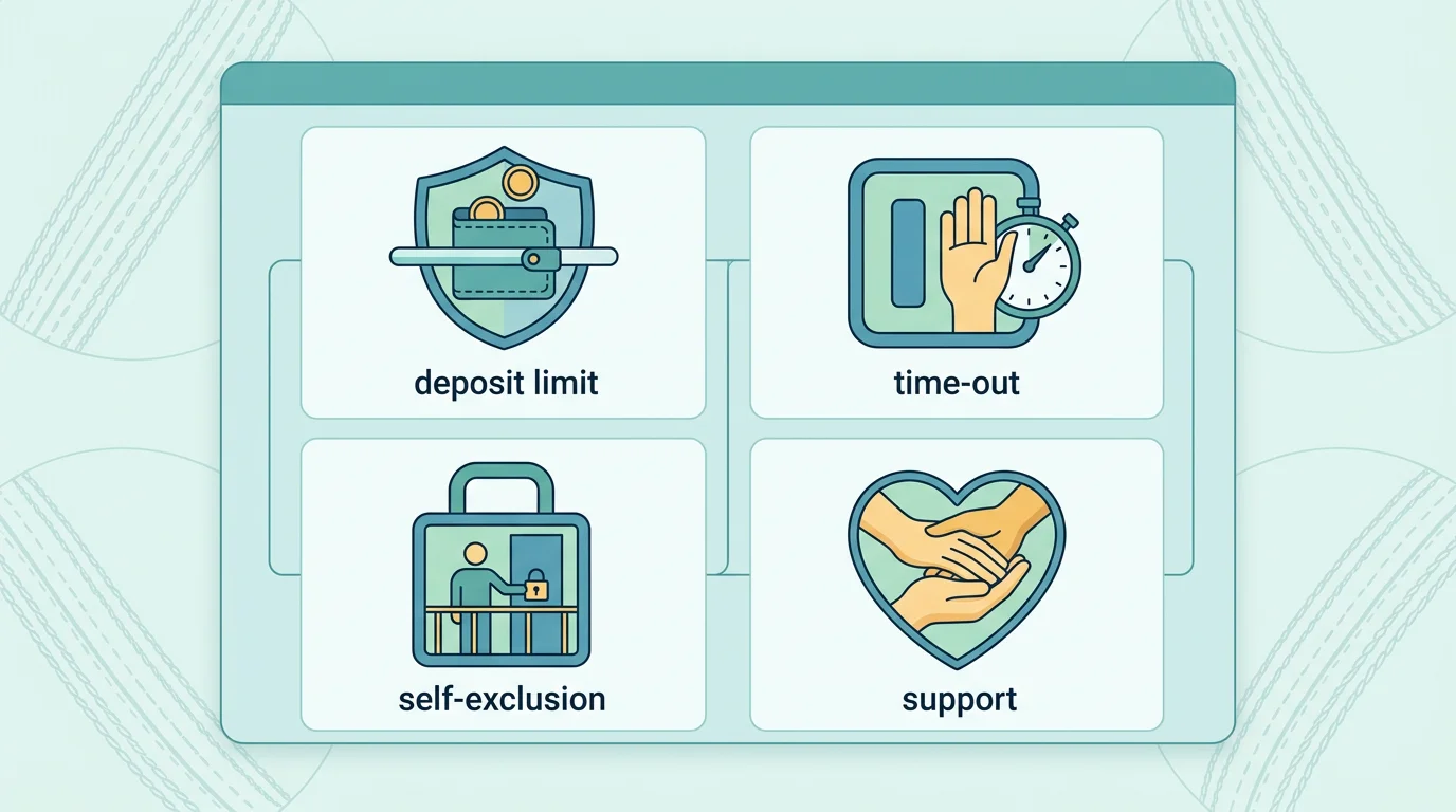 Illustration of safer gambling tools like limits, time-out and support icons