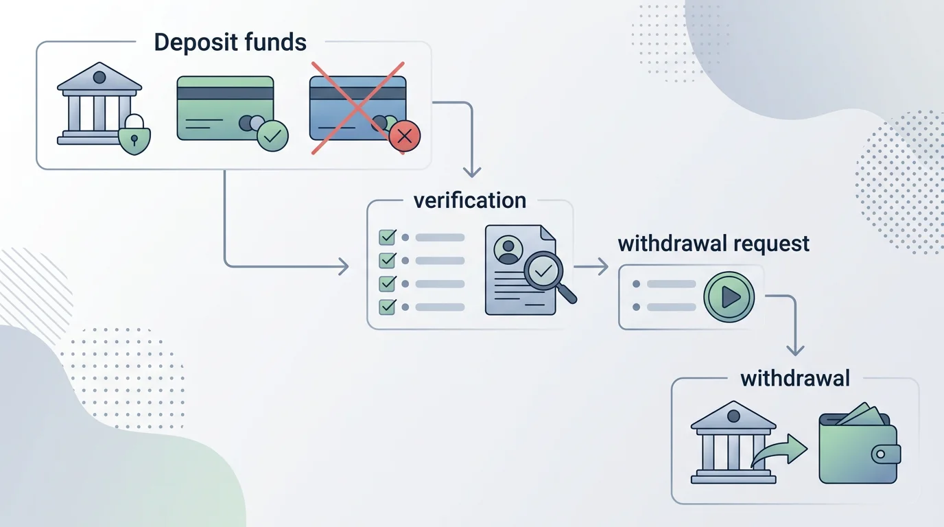 A calm diagram showing a deposit step, a withdrawal step, and a checklist for safety checks