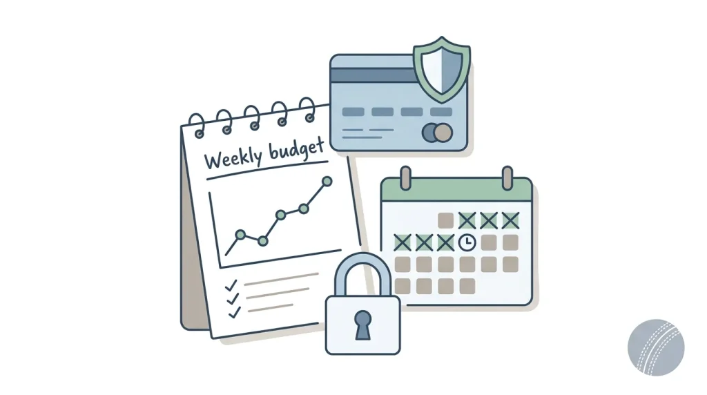 A calm, neutral illustration showing a budget note, a lock, a calendar and a bank card as “layers” of protection