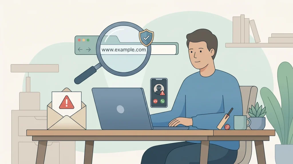 A neutral illustration of someone checking a website address with a shield icon and a warning email nearby