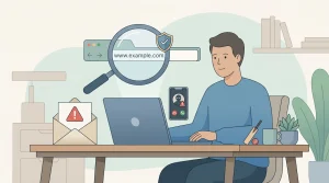 A neutral illustration of someone checking a website address with a shield icon and a warning email nearby